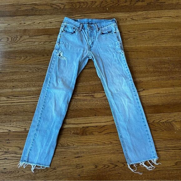 Women's Light Blue Distressed Straight Leg Jeans - Picture 1 of 13